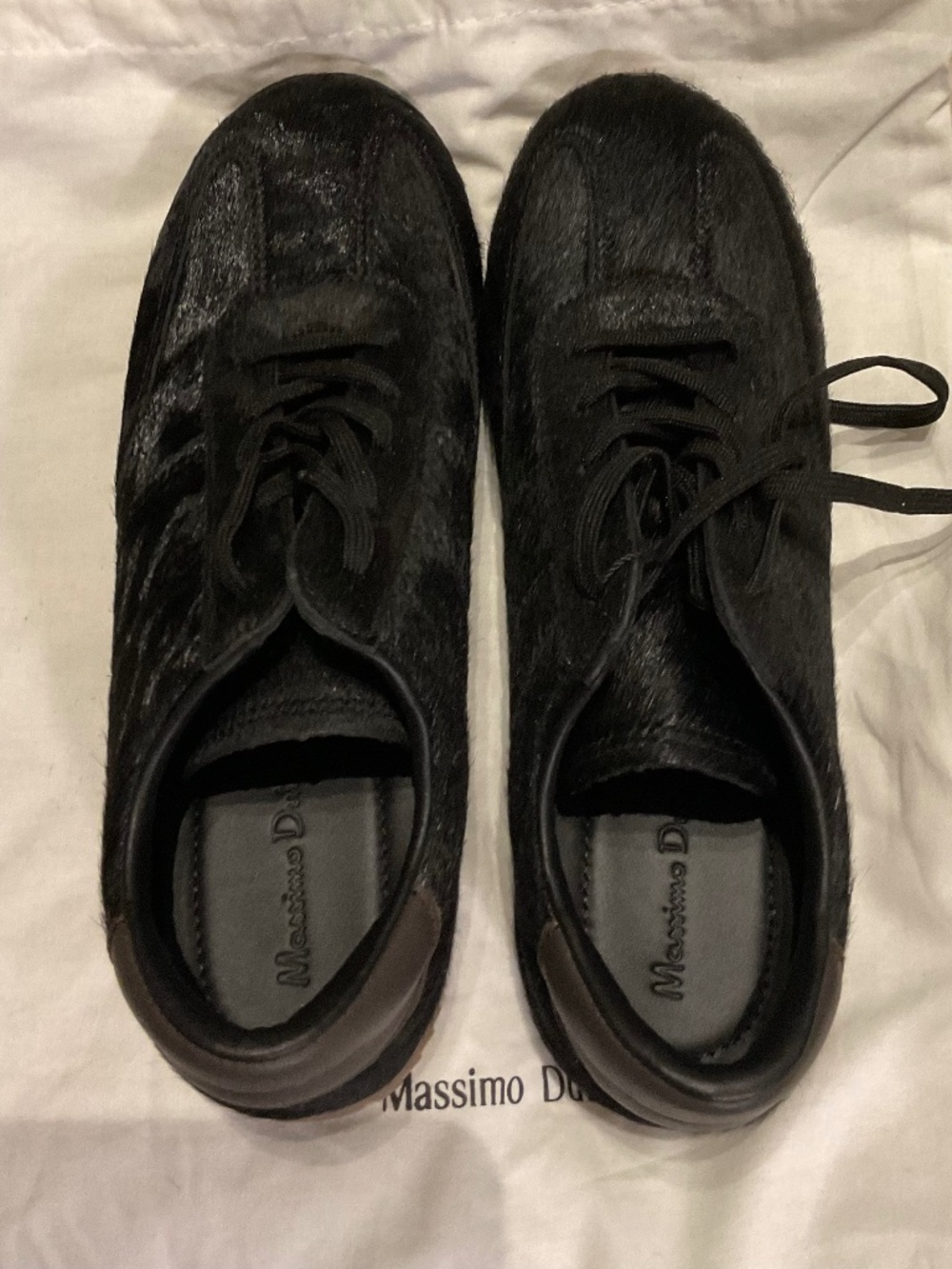 NWT Leather “furry” sneaker with shoe bag